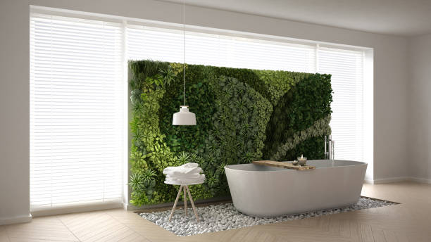 banheiro escandinavo com jardim vertical, projeto interior minimalista branco - blinds wood bathroom indoors - fotografias e filmes do acervo