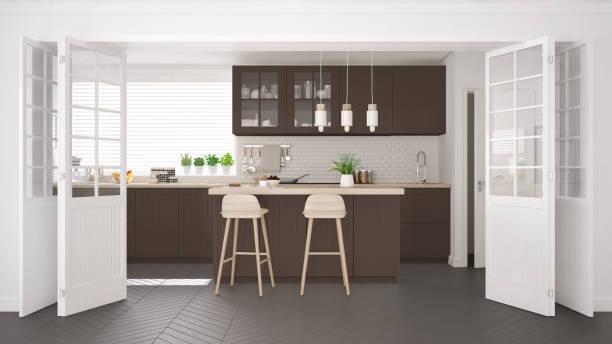 istock Scandinavian classic kitchen with wooden and brown details, minimalistic interior design 682458312