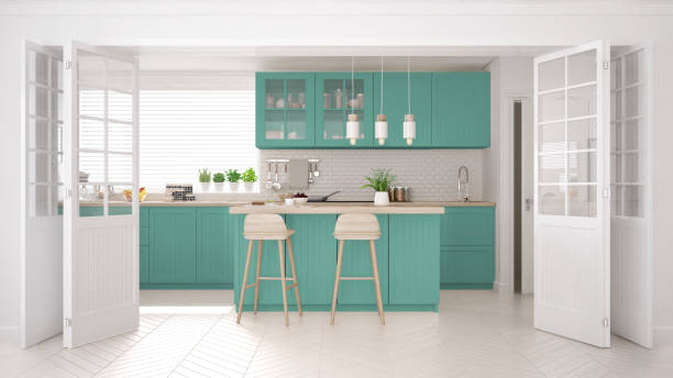 istock Scandinavian classic kitchen with wooden and turquoise details, minimalistic interior design 682461188