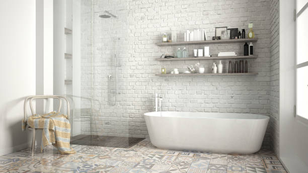 istock Scandinavian bathroom, classic white vintage interior design 682461646