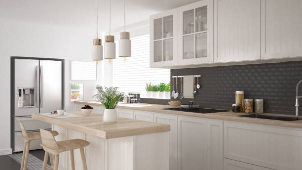 istock Scandinavian classic kitchen with wooden and white details, minimalistic interior design 682461726