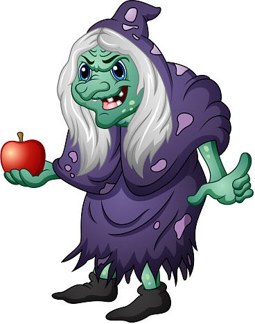 Vector illustration of Old evil witch holding an apple