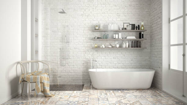 istock Scandinavian bathroom, classic white vintage interior design 682461990