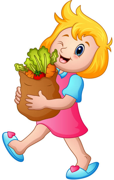 건강 한 야채와 식료품 종이 봉투를 들고 만화 소녀 - 2359 stock illustrations