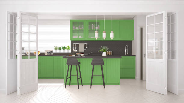 istock Scandinavian classic kitchen with wooden and green details, minimalistic interior design 682462204