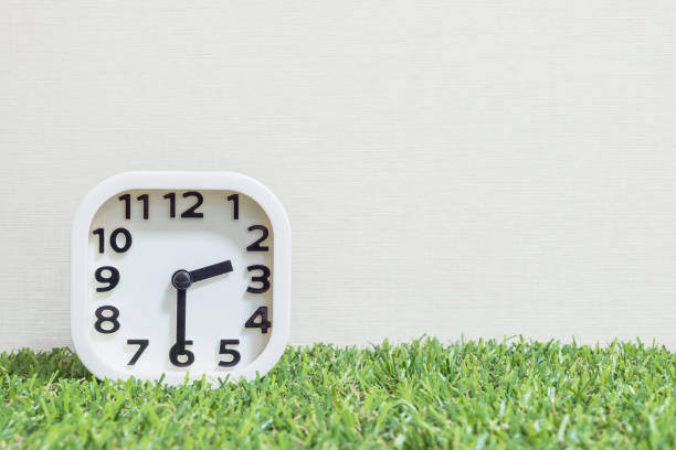 istock Closeup white clock for decorate show a half past two or 2:30 p.m. on green artificial grass floor and cream wallpaper textured background with copy space 682462244