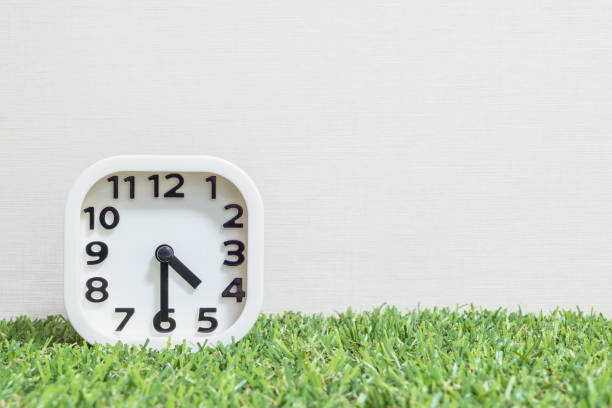 istock Closeup white clock for decorate show a half past four o'clock or 4:30 p.m. on green artificial grass floor and cream wallpaper textured background with copy space 682462326