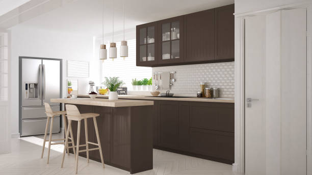 istock Scandinavian classic kitchen with wooden and brown details, minimalistic interior design 682464618