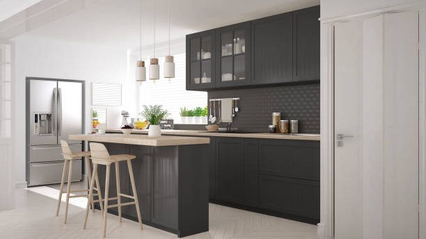istock Scandinavian classic kitchen with wooden and gray details, minimalistic interior design 682465008