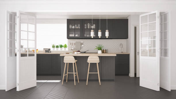 istock Scandinavian classic kitchen with wooden and gray details, minimalistic interior design 682467294