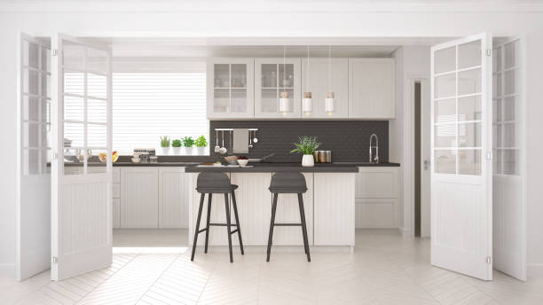 istock Scandinavian classic kitchen with wooden and white details, minimalistic interior design 682467424