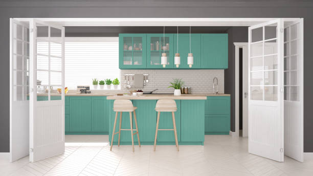 istock Scandinavian classic kitchen with wooden and turquoise details, minimalistic interior design 682468018