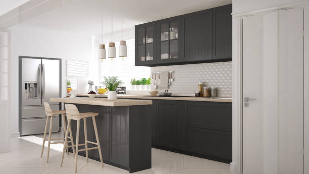 istock Scandinavian classic kitchen with wooden and gray details, minimalistic interior design 682468080