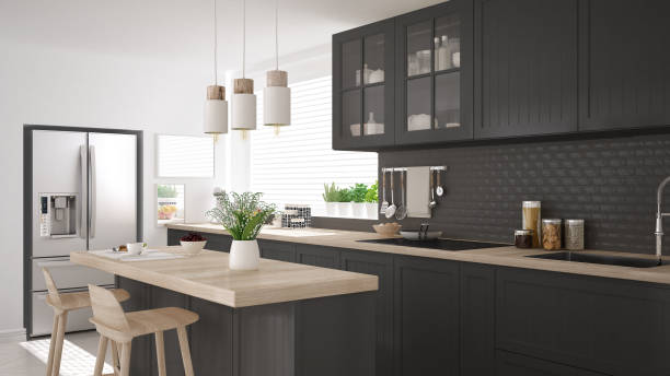istock Scandinavian classic kitchen with wooden and gray details, minimalistic interior design 682468624