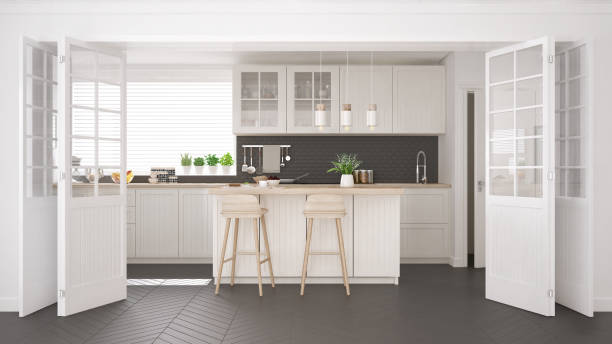 istock Scandinavian classic kitchen with wooden and white details, minimalistic interior design 682471626