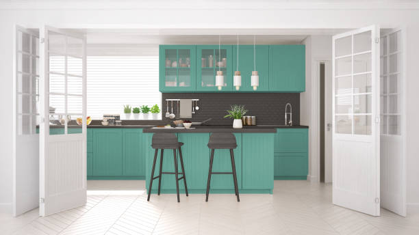 istock Scandinavian classic kitchen with wooden and turquoise details, minimalistic interior design 682471866