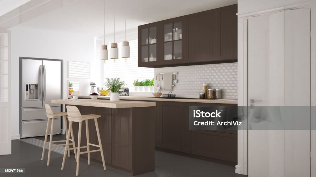 Cocina escandinava clásica con detalles marrones y madera, diseño interior minimalista - Foto de stock de A la moda libre de derechos