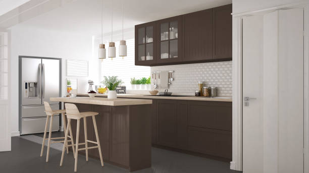 istock Scandinavian classic kitchen with wooden and brown details, minimalistic interior design 682471966