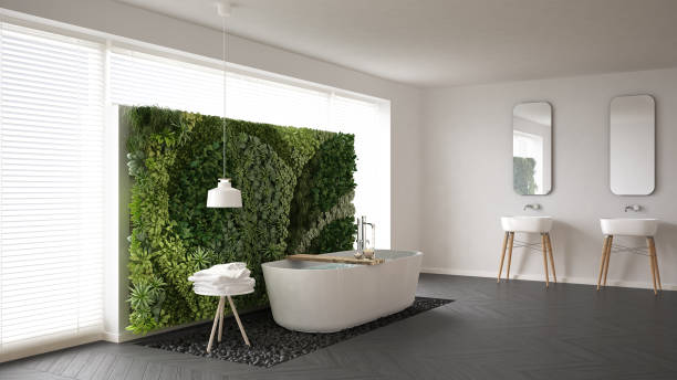 istock Scandinavian bathroom with vertical garden, white minimalistic interior design 682474594