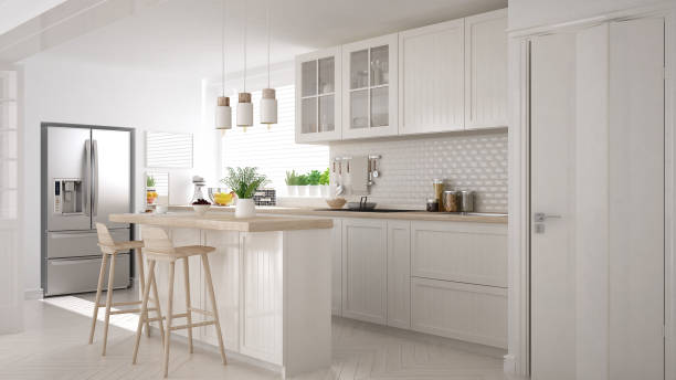 istock Scandinavian classic kitchen with wooden and white details, minimalistic interior design 682474882