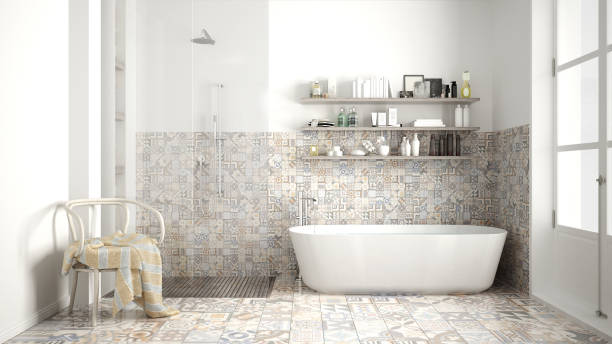 istock Scandinavian bathroom, classic white vintage interior design 682474980