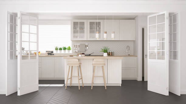 istock Scandinavian classic kitchen with wooden and white details, minimalistic interior design 682475088