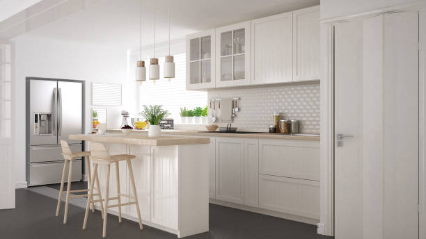 istock Scandinavian classic kitchen with wooden and white details, minimalistic interior design 682477412