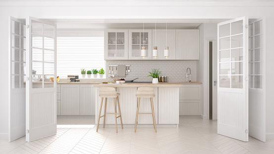 Cocina escandinava clásica con detalles blancos y madera, diseño interior minimalista photo