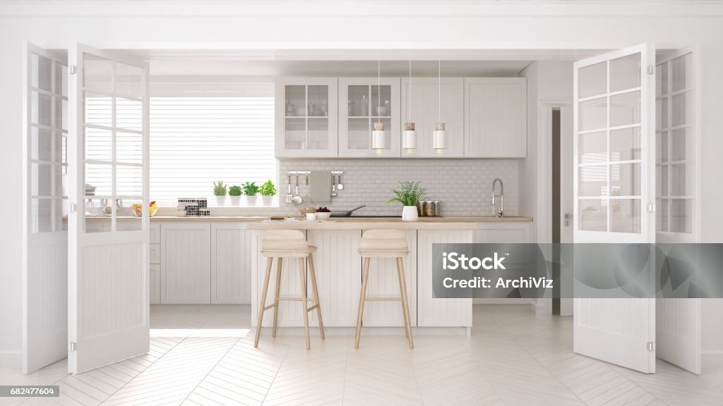 Cucina classica scandinava con dettagli in legno e bianco, interior design minimalista - Foto stock royalty-free di Cucina