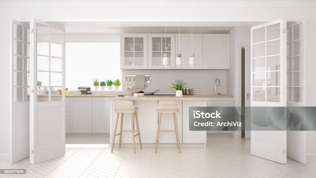Scandinavian classic kitchen with wooden and white details, minimalistic interior design Kitchen Stock Photo
