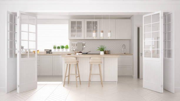 escandinava cozinha clássica com detalhes em madeira e brancos, o design interior minimalista - kitchen - fotografias e filmes do acervo