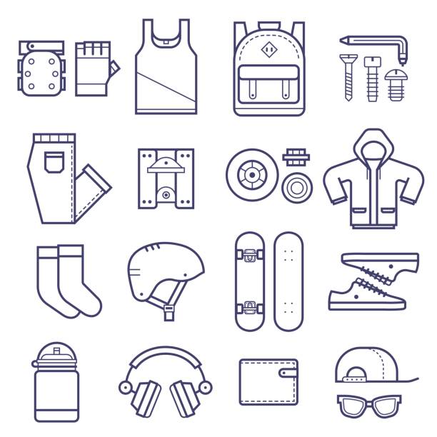Skateboard Icons Set Skateboard icons set with skateboarding equipment in thin line style. Skate deck,  skate riding accessories and clothes in outline design. Urban lifestyle collection with skateboard gear and clothes. kneepad stock illustrations