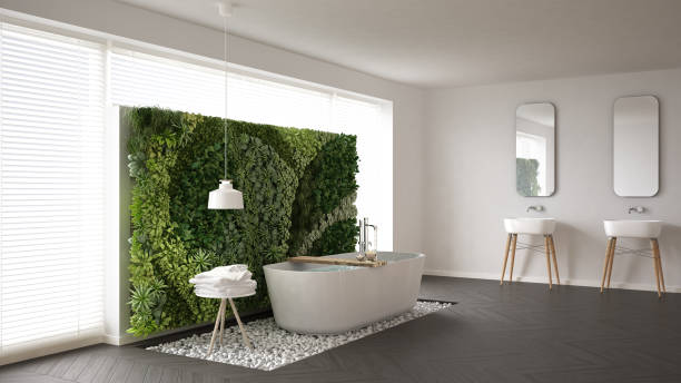 istock Scandinavian bathroom with vertical garden, white minimalistic interior design 682477898
