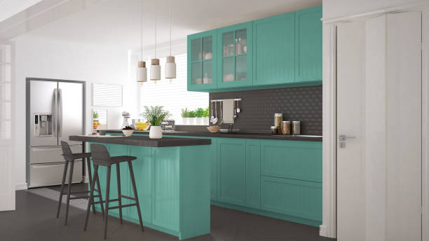 istock Scandinavian classic kitchen with wooden and turquoise details, minimalistic interior design 682478074