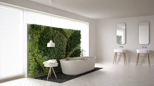 istock Scandinavian bathroom with vertical garden, white minimalistic interior design 682478334