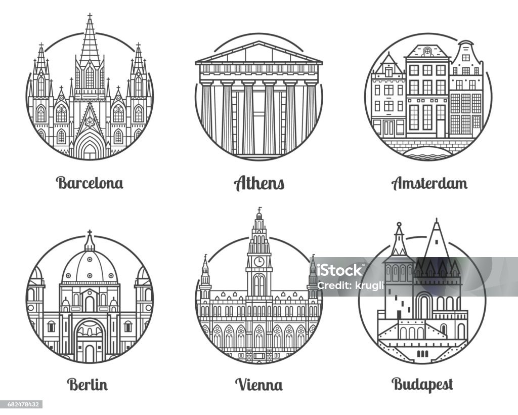 Europe Travel Destinations Main Europe cities icons including Barcelona, Athens, Amsterdam, Berlin, Vienna and Budapest. Travel destinations icon set with famous european landmarks and tourist attractions in line art design. Vienna - Austria stock vector