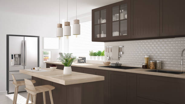 istock Scandinavian classic kitchen with wooden and brown details, minimalistic interior design 682478630