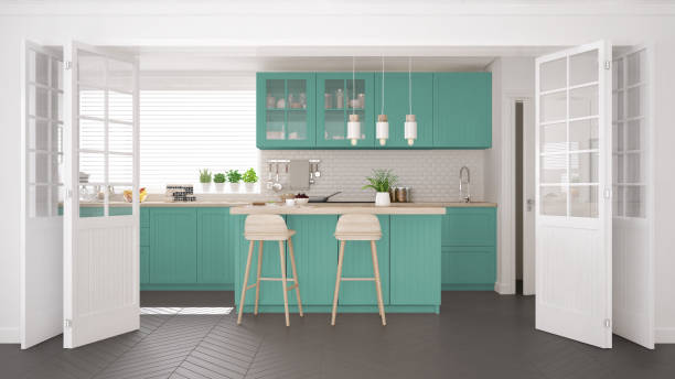 istock Scandinavian classic kitchen with wooden and turquoise details, minimalistic interior design 682481318