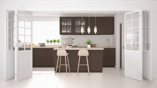 istock Scandinavian classic kitchen with wooden and brown details, minimalistic interior design 682481404