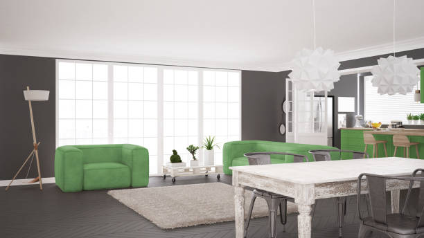 istock Minimalist white and green living and kitchen, scandinavian classic interior design 682481884