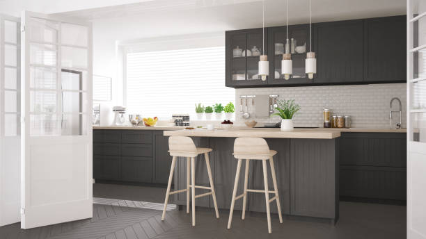 istock Scandinavian classic kitchen with wooden and gray details, minimalistic interior design 682485162