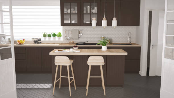 istock Scandinavian classic kitchen with wooden and brown details, minimalistic interior design 682485384