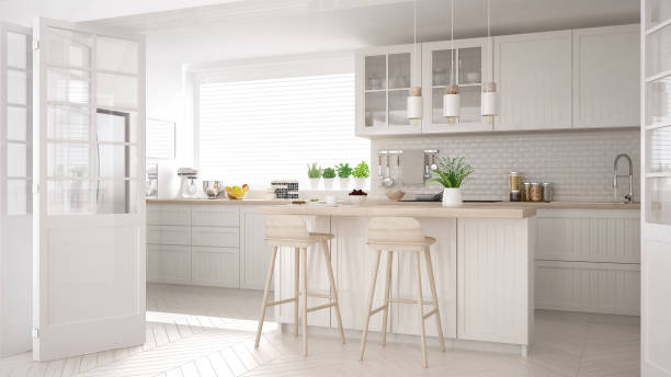 istock Scandinavian classic kitchen with wooden and white details, minimalistic interior design 682485462