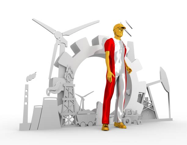istock Young man and industrial isometric icons set 682485618