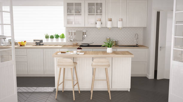 istock Scandinavian classic kitchen with wooden and white details, minimalistic interior design 682488932