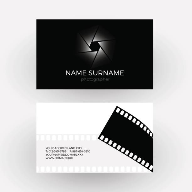 Vector diaphragm and camera roll, concept of photographer. Business card Vector diaphragm and camera roll, concept of photographer. Business card business card photos stock illustrations