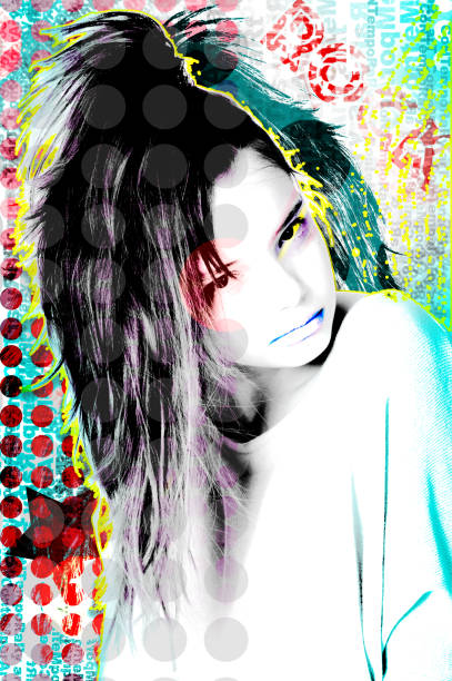 Illustrated portrait of a young girl decorated in a modern style Pop Art. stock photo