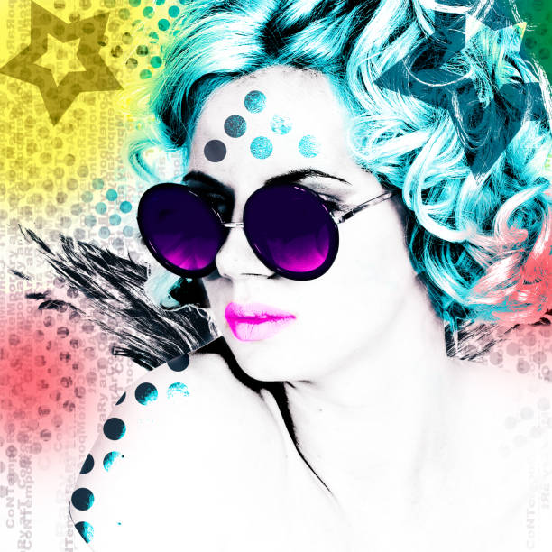 Stylish poster with a portrait of a pretty girl in round glasses. Modern interpretation of the style of Pop Art. stock photo