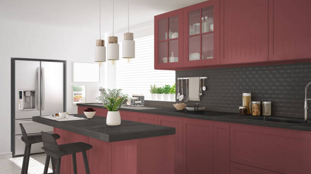 istock Scandinavian classic kitchen with wooden and red details, minimalistic interior design 682495884