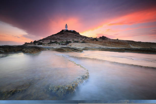Beautiful sunset in Cape Huertas Lighthouse, Alicante (Spain) stock photo